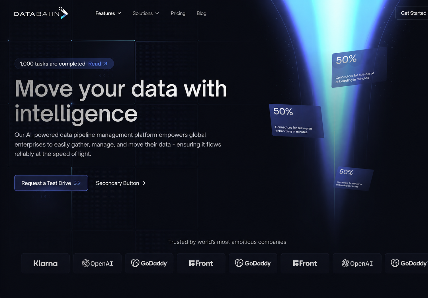 DataBahn homepage after the rebuild, leading with a plain-language promise and one primary action